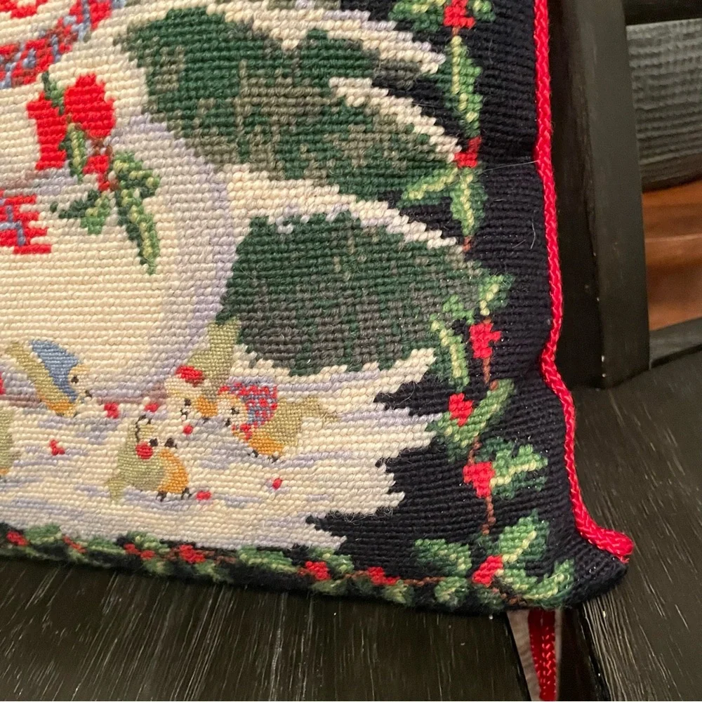 100% Wool Handmade Needle Point  snowman Pillow Christmas 13x13”